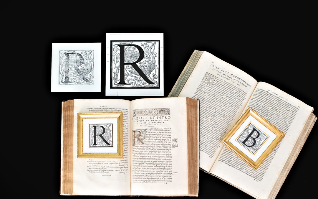 Woodcut Initial Letters from rare books are restored, reproduced and framed for gift giving.